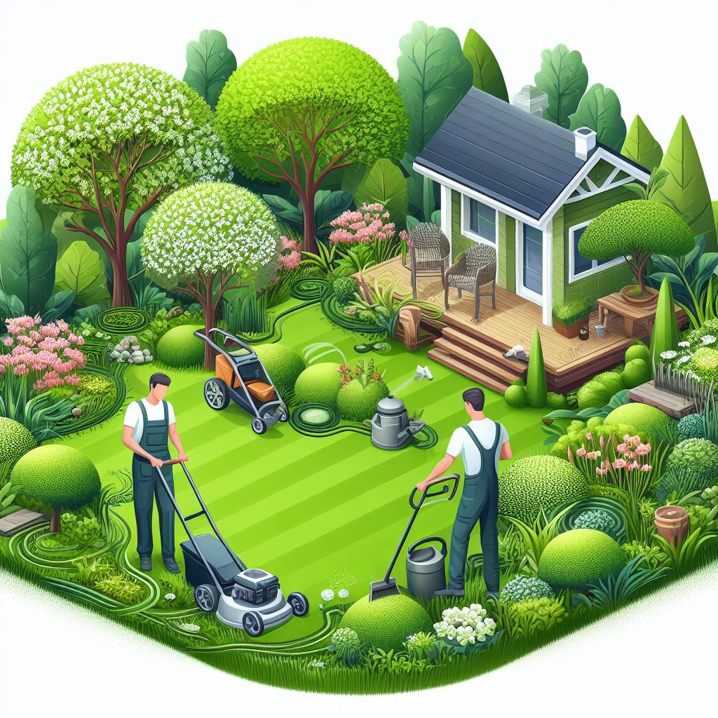 Gartenunterhalt und -pflege: Das beinhaltet regelmäßige Wartungsarbeiten wie Rasenmähen, Unkrautbekämpfung, Beschneiden von Sträuchern und Bäumen, sowie die allgemeine Pflege der Pflanzen, um die Gesundheit und das Erscheinungsbild des Gartens zu erhalten.